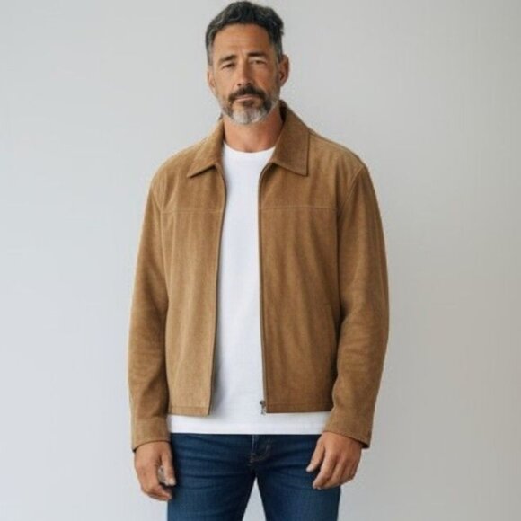 Roundtree & Yorke Suede Leather Jacket XXL Tan Zip Front Classic Look NEW - Picture 1 of 9